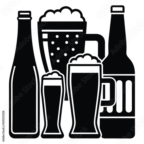 Vintage Beer Mug Collection,Retro Beer Glasses and Barley,Classic Beer Stein Design | Brewery-Themed Artwork.