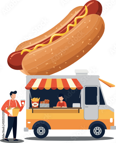 Hot dog food truck scene featuring cheerful vendors serving delicious food in a playful flat design vector illustration