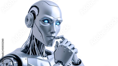 A highly detailed humanoid robot with metallic silver skin gazes directly into the camera lens with a contemplative expression as it assumes the classic thinker pose, its right hand cradling its chin photo