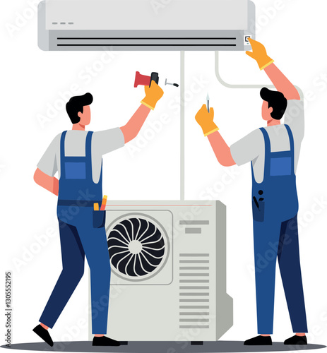 Two technicians in blue overalls installing an air conditioning unit in a flat design style vector illustration
