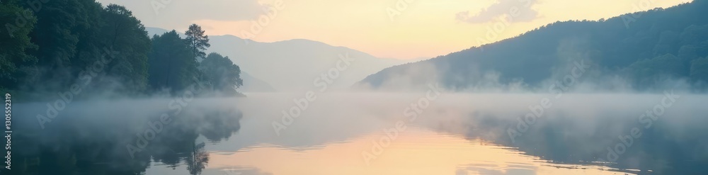 Fototapeta premium Mist rising from lake's surface in morning haze, reflective, light, shadows