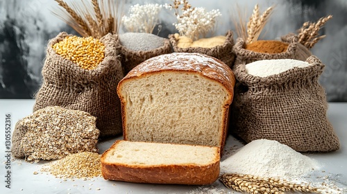 Rustic loaf of gluten free bread sliced to show its airy crumb surrounded by alternative flour sacks emphasizing health conscious baking