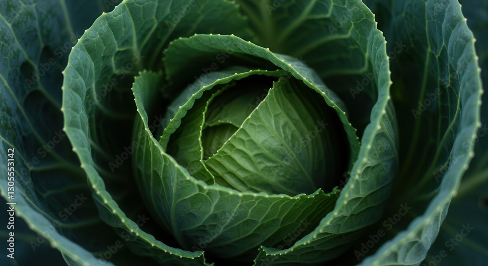 Fototapeta premium Close-up of Fresh Green Cabbage Head with Leaf Detail