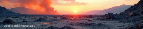 A desolate landscape stretches out in every direction with ash and rock scattered everywhere, landscapes, rubble