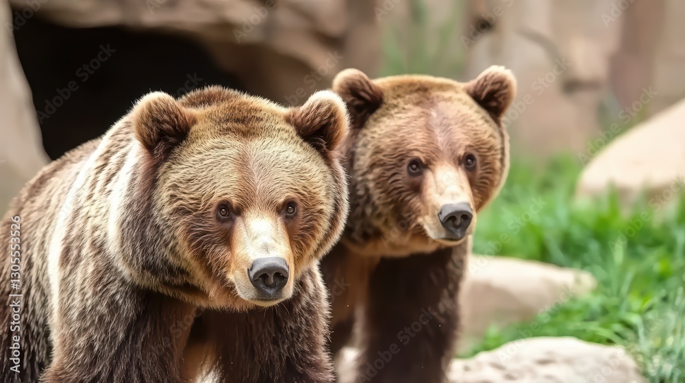 Fototapeta premium Two Brown Bears Playing in the Zoo Creating Chaos and Fun for Visitors and Wildlife Enthusiasts