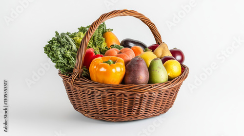 A beautifully arranged wicker basket filled with fresh organic fruits and vegetables