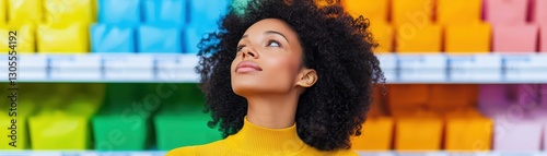 Woman Shopping in a Colorful Aisle Surrounded by Shelves of Bright Products and Chaos