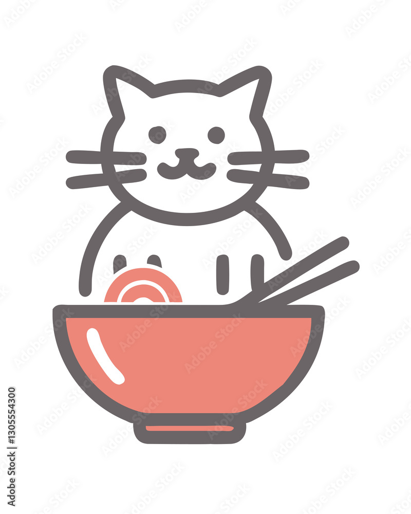 Minimalist illustration of a smiling cat behind a pink ramen bowl with chopsticks and narutomaki, set against a transparent background. Minimalist illustration of a smiling cat behind a pink ramen bowl with chopsticks and narutomaki, set against a transparent background.