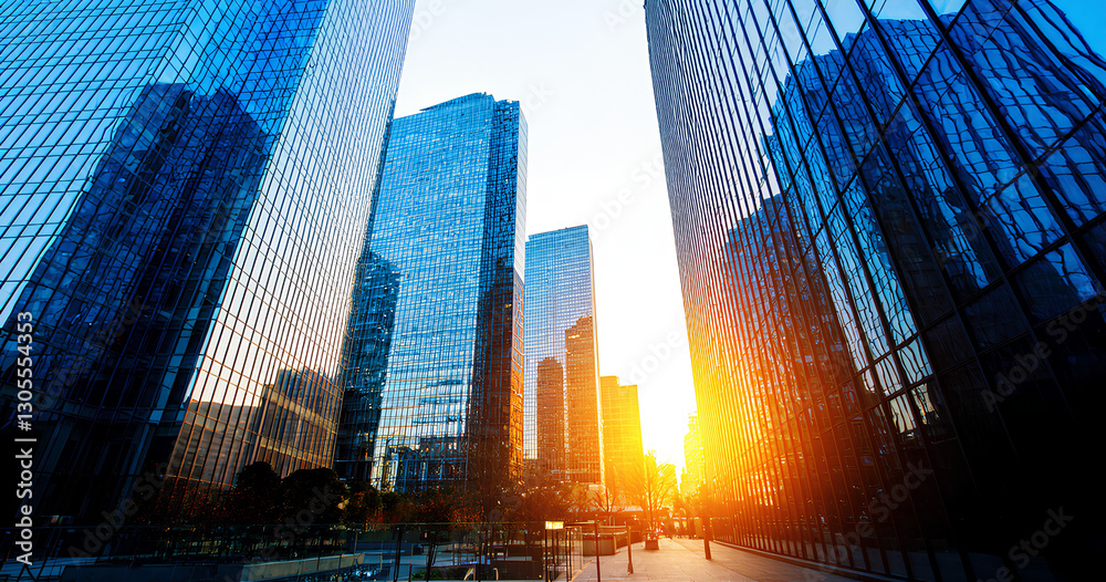 Obraz premium Modern Skyscrapers at Sunrise in a Cityscape 