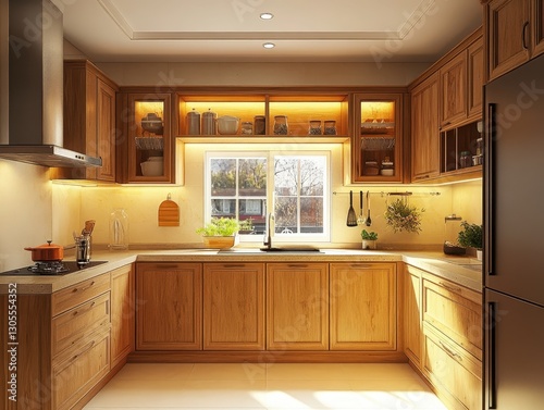 Beautifully Illuminated U Shaped Kitchen Features Wooden Cabinets and Appliances