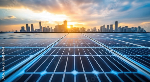 Solar panels cover the rooftop as the sun sets, casting a warm glow over the city skyline. The scene highlights the shift towards renewable energy and urban sustainability