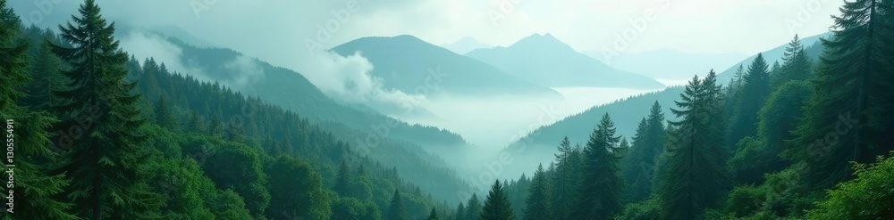 Dense forest of evergreen trees amidst misty lake mountains, green, nature, forest Dense forest of evergreen trees amidst misty lake mountains, green, nature, forest