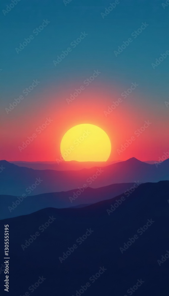 Obraz premium Round shape sun emerging from behind the horizon of blue gradient background, atmosphere, morning light, sky
