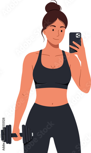 Fit woman in black sportswear holding a dumbbell and taking a selfie in a minimalistic style vector illustration