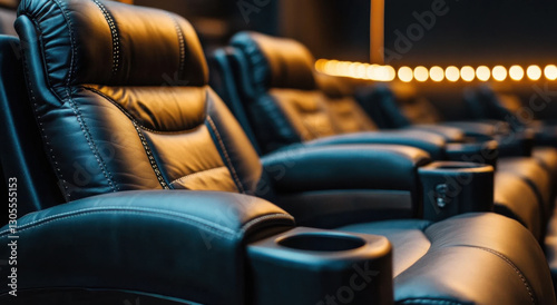 The cinema hall showcases rows of plush black recliner seats, designed for comfort, standing empty in anticipation of upcoming movie showings and evening entertainment