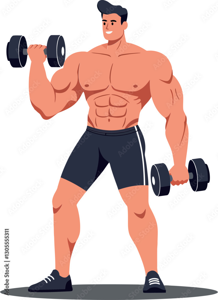 Strong muscular man lifting dumbbells in a dynamic pose with a flat design style showcasing fitness and strength vector illustration Strong muscular man lifting dumbbells in a dynamic pose with a flat design style showcasing fitness and strength vector illustration