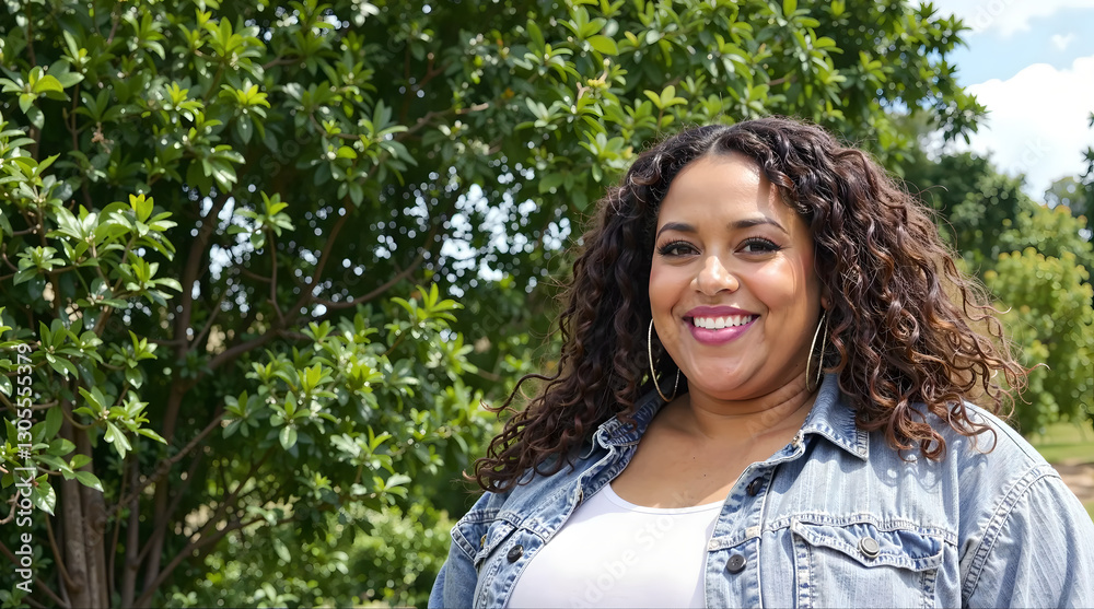 Confident Plus-Size fat Woman Smiling Outdoors: Body Positivity and Self-Love Confident Plus-Size fat Woman Smiling Outdoors: Body Positivity and Self-Love