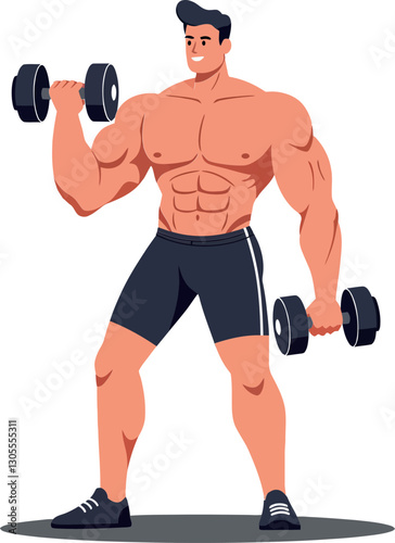 Strong muscular man lifting dumbbells in a dynamic pose with a flat design style showcasing fitness and strength vector illustration