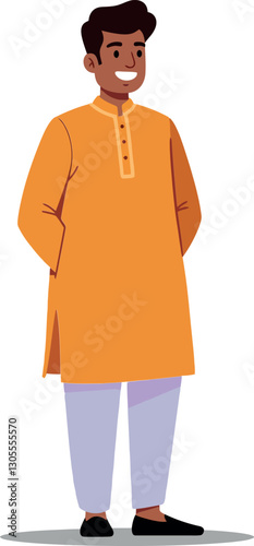 Young man wearing an orange kurta with a cheerful expression standing casually in a minimal flat vector illustration