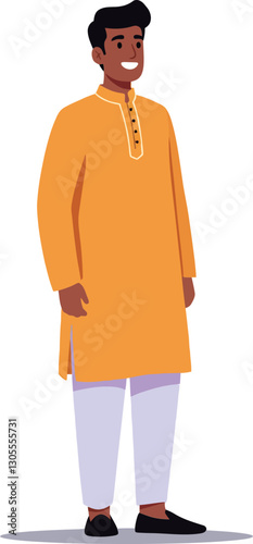 Young man in vibrant orange kurta with white pants and black shoes, standing confidently, showcasing cultural attire in a flat vector art style