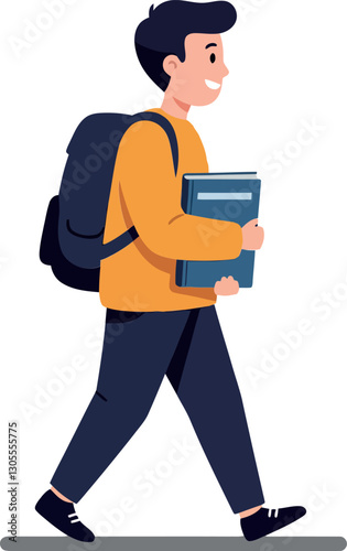 Young man with backpack walking cheerfully holding books in a flat, minimal design vector art