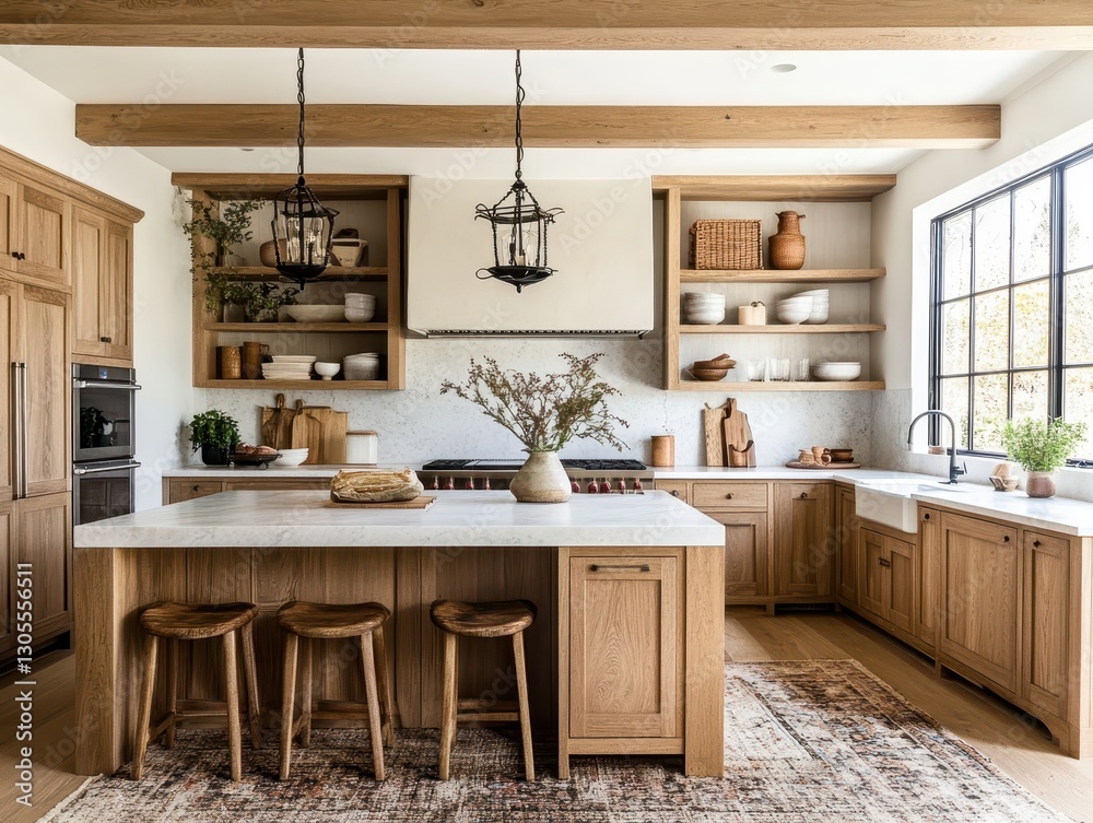 Fototapeta premium A Beautiful Modern Kitchen Featuring Wooden Cabinets and Island