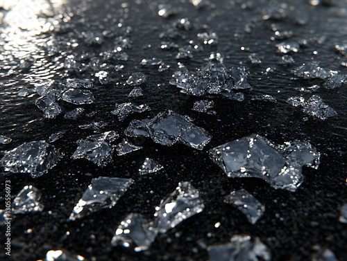 Close-up shot depicting numerous ice fragments scattered on dark pavement photo