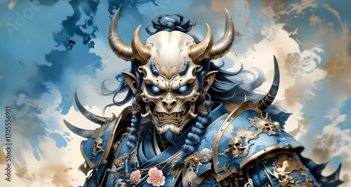 Demon Skull Oni warrior Blue theme