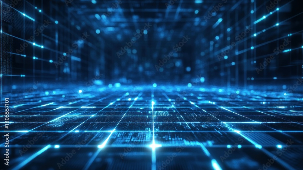 Digital grid with glowing connections and data communication present Digital grid with glowing connections and data communication present