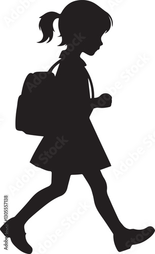 Silhouette of a girl walking with backpack to school illustration art
