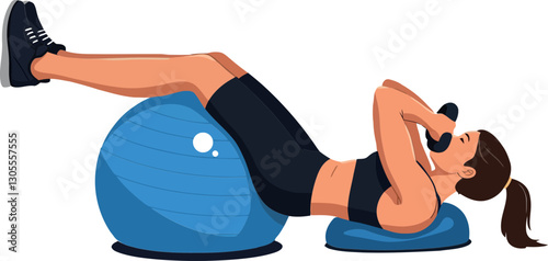 Fit woman exercising on a blue stability ball in a minimal design style showcasing strength and determination in vector illustration