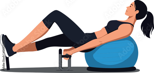 A woman performing an abdominal workout on a blue exercise ball in a flat vector art style emphasizing fitness and strength training activities