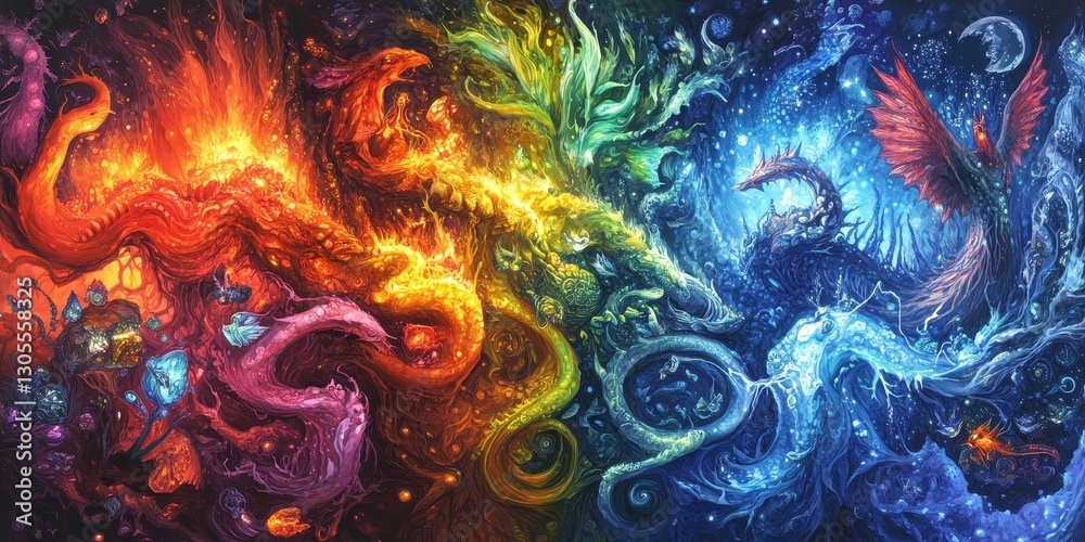A vibrant artistic depiction portraying dragons in various colorful dimensions A vibrant artistic depiction portraying dragons in various colorful dimensions