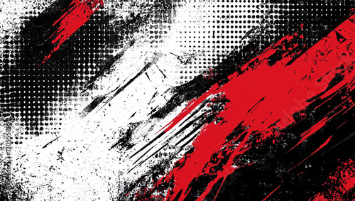 Black and Red Abstract Halftone, Gritty, Grunge Background with Copy space. Sports / Dynamic Backdrop 