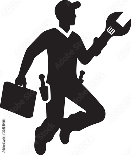 Silhouette of a mechanic with wrench and toolbox ready to work hard