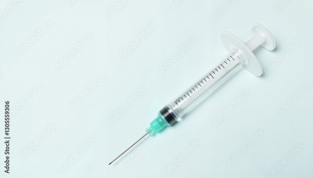 Syringe with clear liquid on sterile background, medical symbolism Syringe with clear liquid on sterile background, medical symbolism