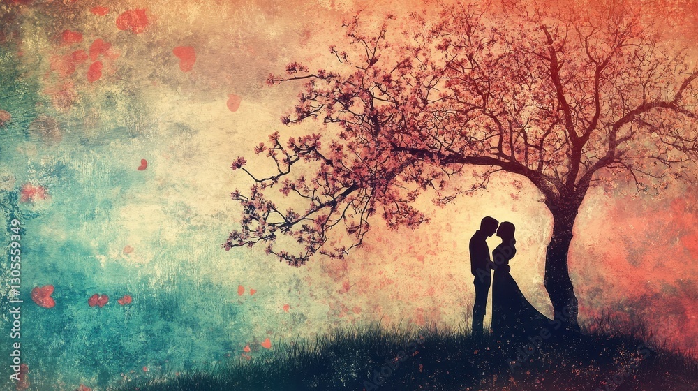 A silhouette of a couple standing beneath a blossoming tree together A silhouette of a couple standing beneath a blossoming tree together