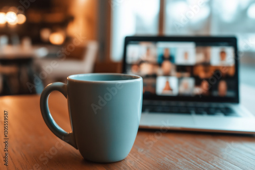 Sipping a warm drink in a cozy cafe during a virtual afternoon meeting
