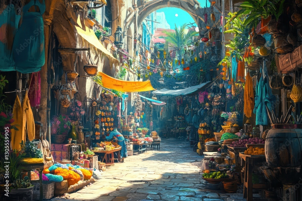 Fototapeta premium A vibrant detailed marketplace bustling with various goods and shoppers