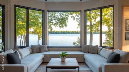Living room with panoramic lake view through large black framed windows and modern decor