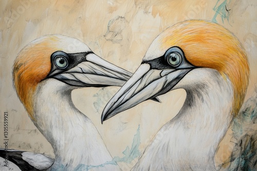 Close Shot Of Two Beautiful Northern Gannets.