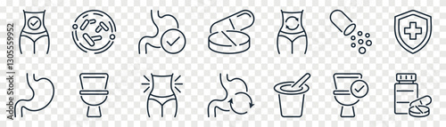 Digestion, intestine, stomach, and probiotics outline icons set