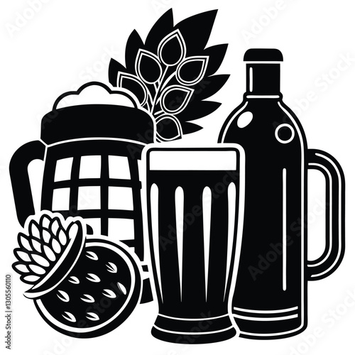 Vintage Beer Mug Collection,Retro Beer Glasses and Barley,Classic Beer Stein Design | Brewery-Themed Artwork.
