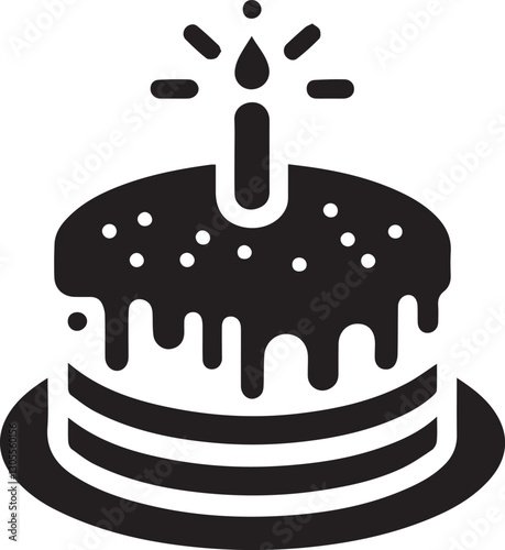A delicious birthday cake with a single candle and dripping icing design