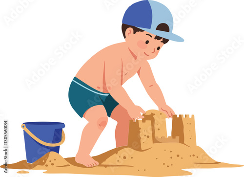 Young boy building a sandcastle on a sunny beach with a blue bucket in flat vector illustration