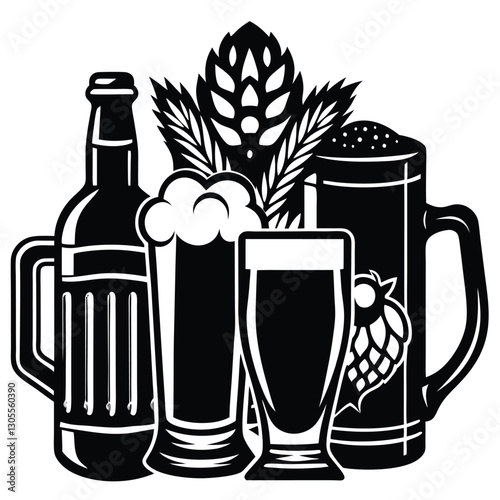 Vintage Beer Mug Collection,Retro Beer Glasses and Barley,Classic Beer Stein Design | Brewery-Themed Artwork.