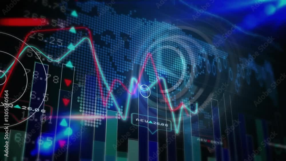 Animation of digital graphs and charts analyzing financial data with world map Animation of digital graphs and charts analyzing financial data with world map