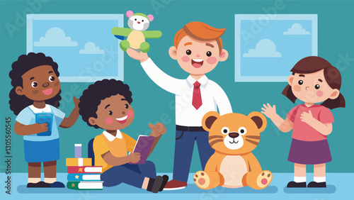 The students take turns sharing their favorite toy or stuffed animal with the class excitedly pointing out all the special features.. Vector illustration