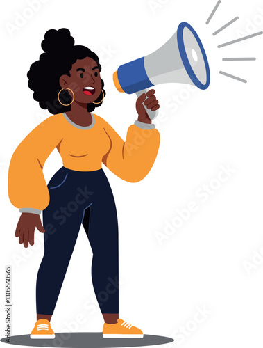 Confident woman shouting into a megaphone in a vibrant, flat design showcasing activism and empowerment through vector art