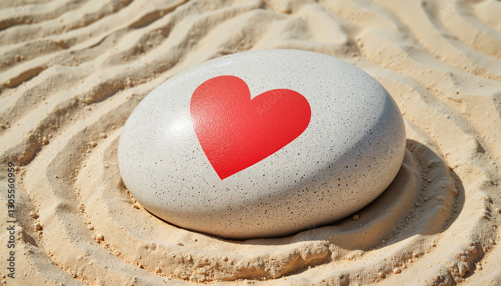Obraz premium A large smooth stone with a hand-painted red heart in a Zen garden with elegant swirling sand patterns